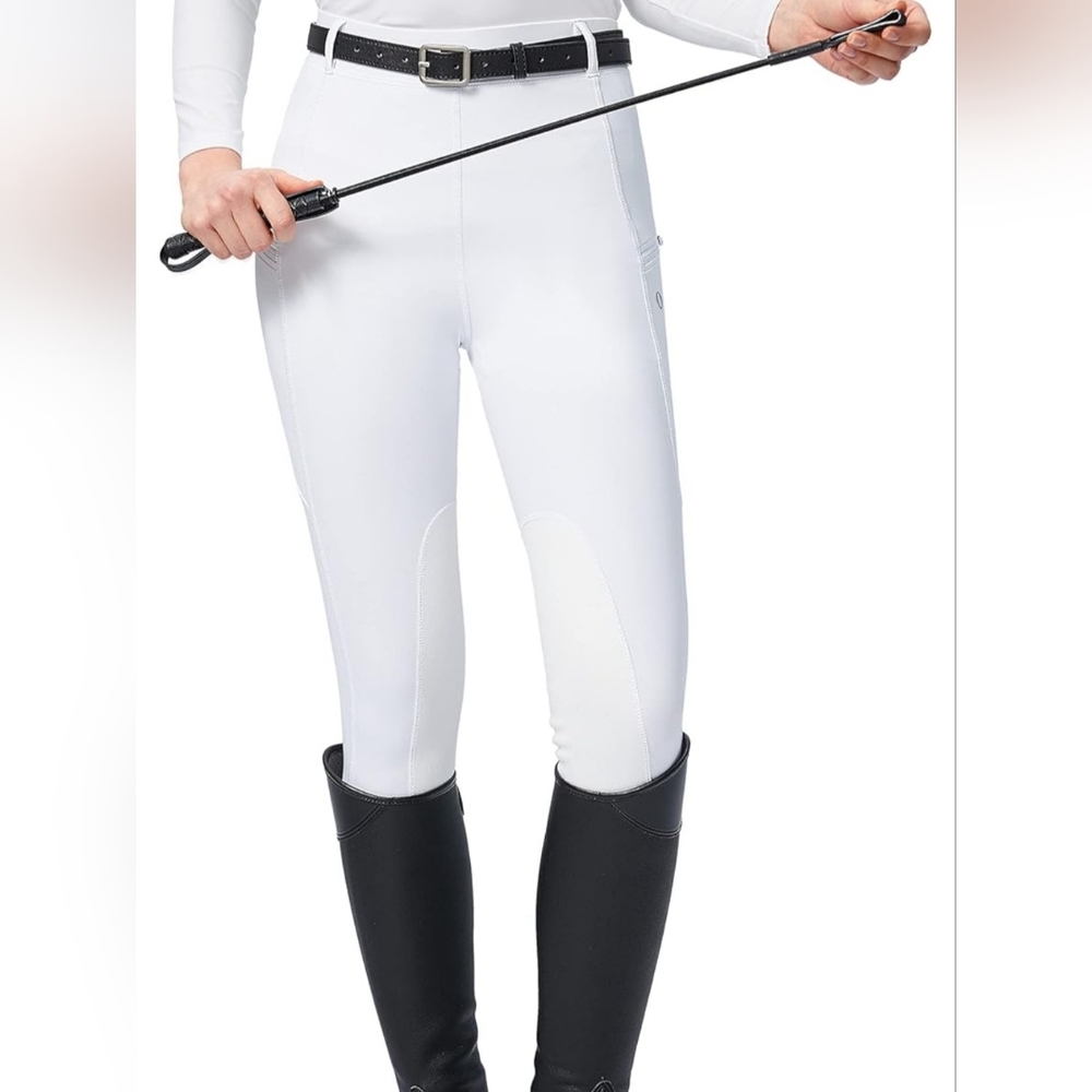SANTINY Elegant White Equestrian Leggings with Knee Patch, Size M, EUC.